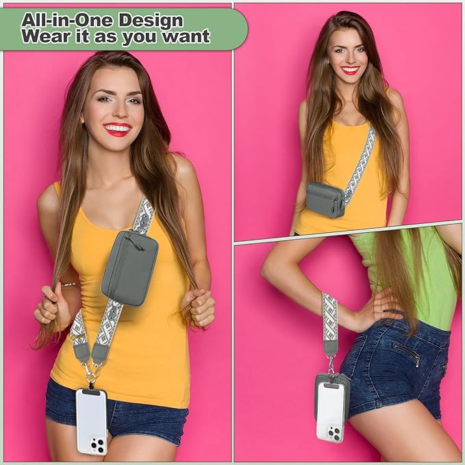Clip and Go Strap for Phone with Wallet Crossbody, Adjustable Phone Lanyard with Detachable RFID Wristlet Wallet, Pattern Strap, Grey(M)