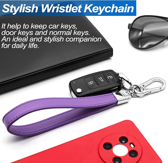 Car Fob Key Chain Genuine Leather Wristlet Strap Keychains Holder for Men and Women, 360 Degree Rotatable, with Anti-lost D-Ring, Carabiner Clip and 4pcs Key Rings, Purple