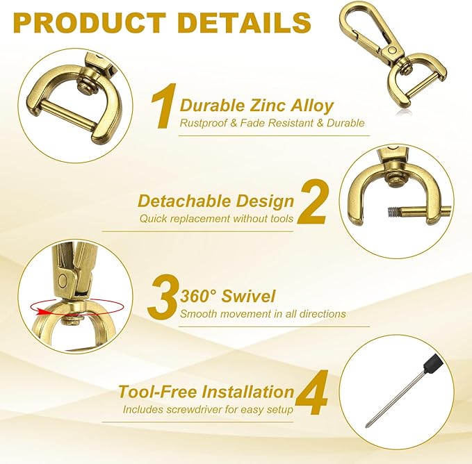 YELARXI Swivel Clasps Hook, 5/8 Inch ID Detachable Snap Hook W/Screw Bar D Ring Claw Clasp with Screwdriver Fit for Lanyard Bag Leather Craft Purse Hardware DIY Bag (4 Pack, Gold)