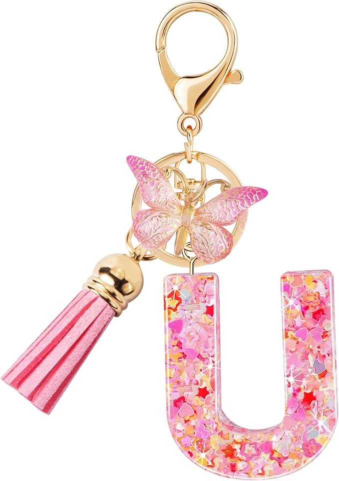Initial letter Keychains for Women Girls Tassel Butterfly Cute Keychain for Wallet Backpack charm