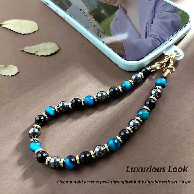 Marble Beaded Phone Wrist Strap,Detachable Phone Bracelet Strap with Tether Tab,Hands-Free Wristlet Strap (Blue Tiger Eye)