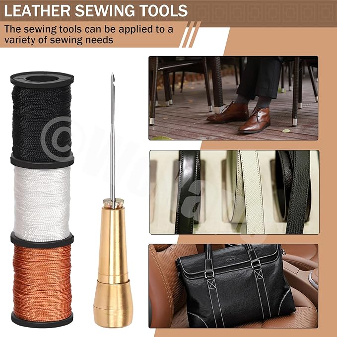 Wokape 19Pcs Canvas Leather Sewing Awl Needles Assortment Kit Contains Straight and Curved Needles, 3 Colors 50m Waxed Nylon Cord Threads with Coils, Copper Handle, Thimbles for DIY, Leather Repair