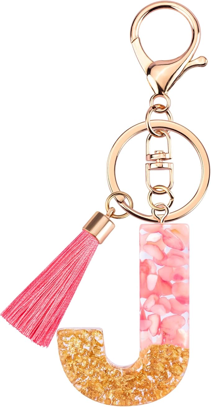 Suweibuke Cute Pink Key Chains for Women Girls, Initial Letter Keychains with Tassel, Charms for Key Purse Handbags Backpacks