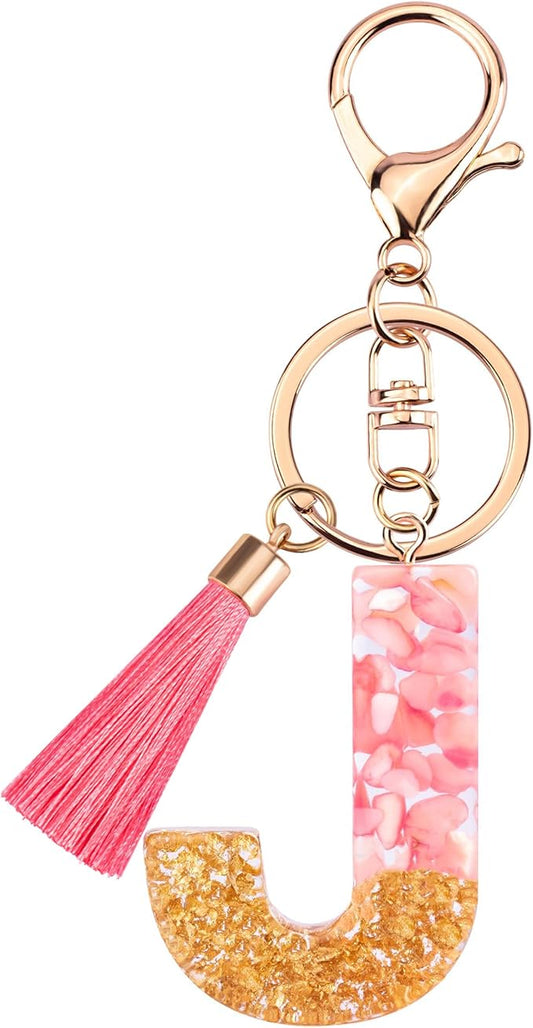 Suweibuke Cute Pink Key Chains for Women Girls, Initial Letter Keychains with Tassel, Charms for Key Purse Handbags Backpacks