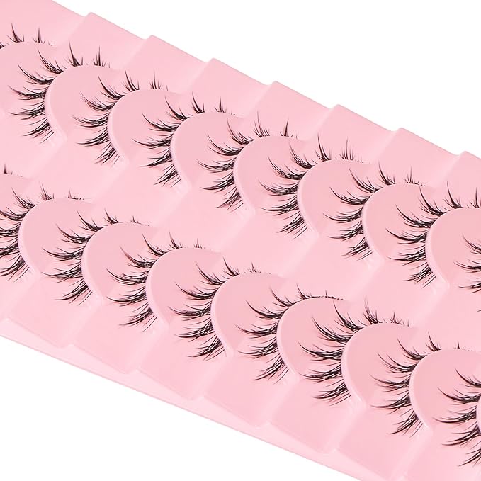 outopen 10 Pairs Manga Lashes Natural Look False Eyelashes Wispy Spiky Anime Lashes Korean Japanese Asian Style Cosplay Fake Eyelashes with Clear Band
