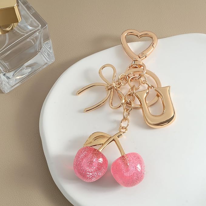 Snycler Bubble Initial Keychain with Cherry & Bow - Gold Letter Bag Charms for Women, Cute Purse Handbag Accessories