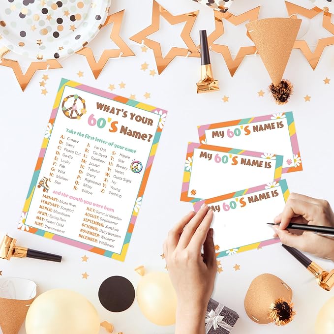 What's Your 1960's Name Game Set, 1 Double Sided Sign and 30 Name Stickers, Groovy Birthday Party Games, Perfect for Hippie & 60's Themed Party Decorations and Activities for Kids and Adults