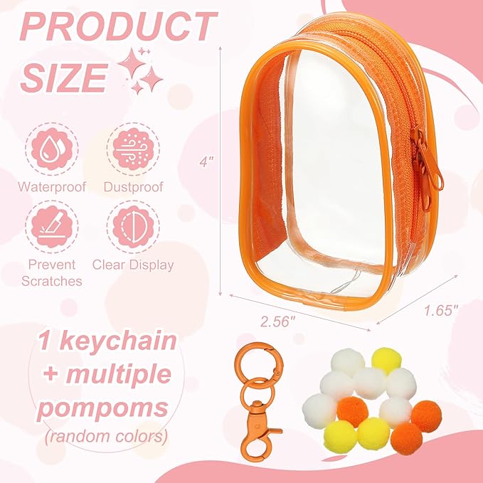 uxcell 4 Inch Clear Figure Display Bag, Mini Clear Pouch Waterproof Coin Pouch with Keychain and Pom Poms for Blind Box Doll Display (Oval, Orange)
