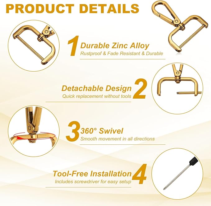 YELARXI Swivel Clasps Hook, 1-1/2 Inch ID Detachable Snap Hook W/Screw Bar D Ring Claw Clasp with Screwdriver Fit for Lanyard Bag Leather Craft Purse Hardware DIY Bag (4 Pack, Dark Gold)