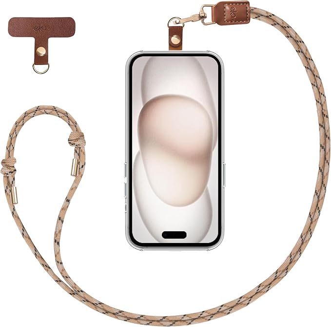 Phone Lanyard, 1x Customizable Crossbody Neck Phone Strap, 1x Removable PU Leather Tab, Hands-Free Holder for Cell Phones, Earphones, Badges & Keys, Travel Essentials Accessories (Striated Brown)