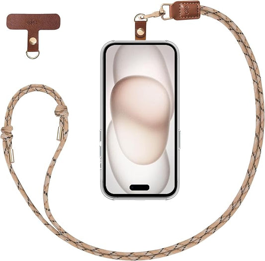 Phone Lanyard, 1x Customizable Crossbody Neck Phone Strap, 1x Removable PU Leather Tab, Hands-Free Holder for Cell Phones, Earphones, Badges & Keys, Travel Essentials Accessories (Striated Brown)