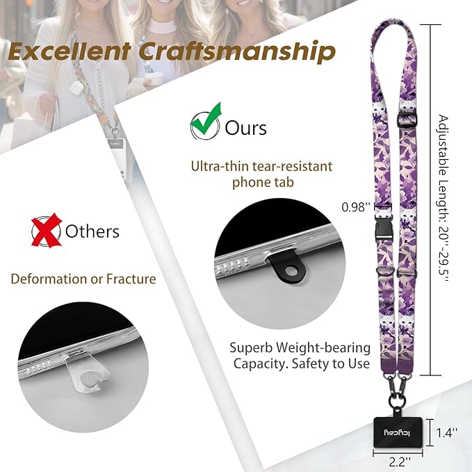 Phone Lanyard Crossbody, White Cat Cell Phone Strap for Around The Neck Adjustable, Purple Anti Theft Cute Lanyard for iPhone Case ID Holder Key Accessories Travel Essential