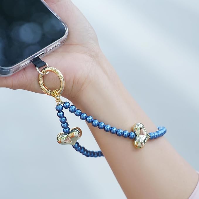 Beaded Phone Wrist Strap for Women Pearl Wristlet Strap Cute Phone Lanyard Golden Heart Shaped Bead Cellphone Chain (Blue)