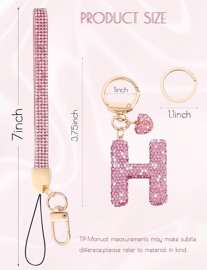 Initial Keychain for Women Girls,Bling Letter Key chain Initial with Heart,Pink Keychain Charms for Backpack Handbag