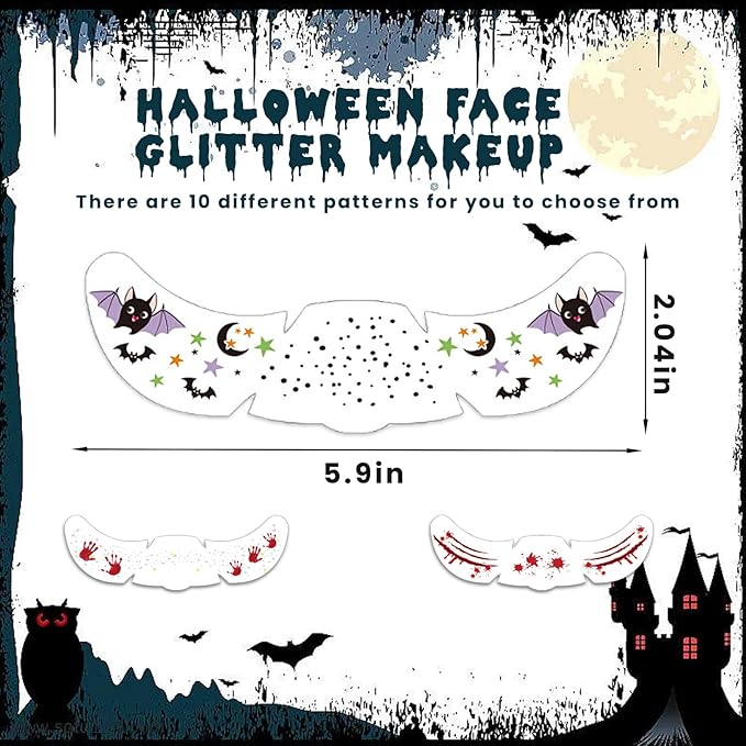 10Pcs Glitter Freckles Face Tattoo,Halloween Face Glitter Makeup Patches Horror Sparkle Freckles Patches Waterproof Makeup Speckles for Face Accessories Festival Rave