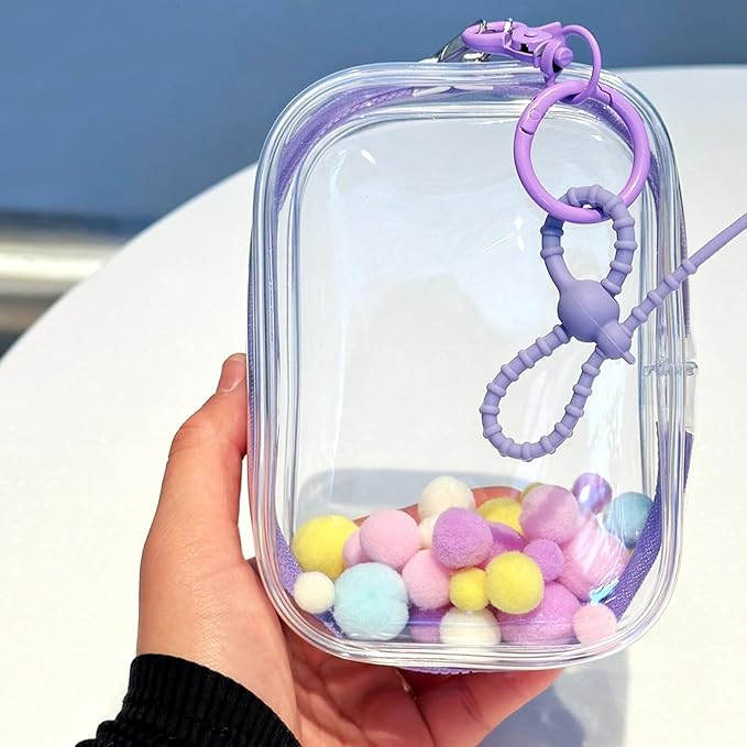 CALEMBOU BJD Doll Clear Display Bag, Portable Figures Storage Bag with Keychain, Mini Doll Hanging Box, Double Zipper Closure Dustproof Case for Figures Plushies (Square box-purple 13cm)