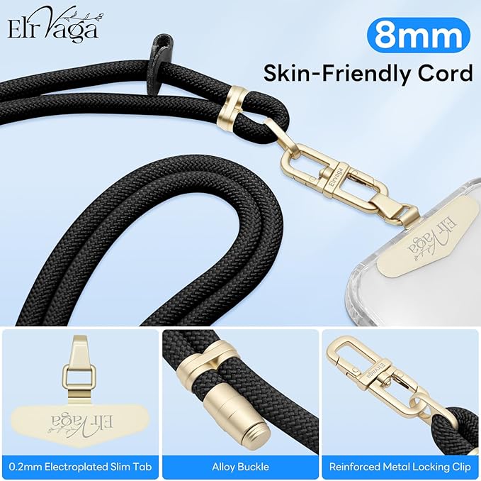 Adjustable Anti-Theft Phone Lanyard Neck & Crossbody Strap with 0.2mm Metal Tab & Comfort-Fit 8mm Rope (Black)