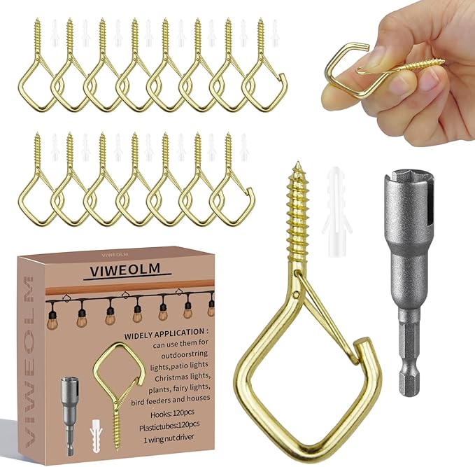 120 Pcs Gold Eye Hooks Screw Heavy Duty,Ceiling Hooks for Hanging Plants,String Lights,Cup,Wind Chime,Bird Feeders. Plant Hanger Indoor&Outdoor