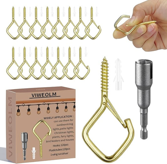 120 Pcs Gold Eye Hooks Screw Heavy Duty,Ceiling Hooks for Hanging Plants,String Lights,Cup,Wind Chime,Bird Feeders. Plant Hanger Indoor&Outdoor