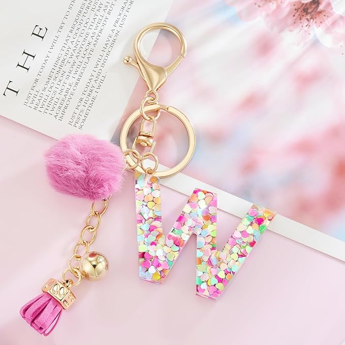Resin Alphabet Initial Letter Keychain Keyring for Women Purse Handbags With Fur Ball Pom