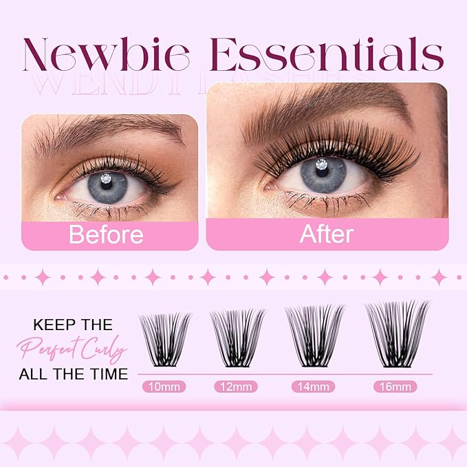 Lash Clusters Kit 30D+40D+50D+60D+80D+100D Wispy Individual Lashes Kit C-Curly Volume Lash Extensions 10-16mm Natural DIY Cluster Lashes Kit for Beginners