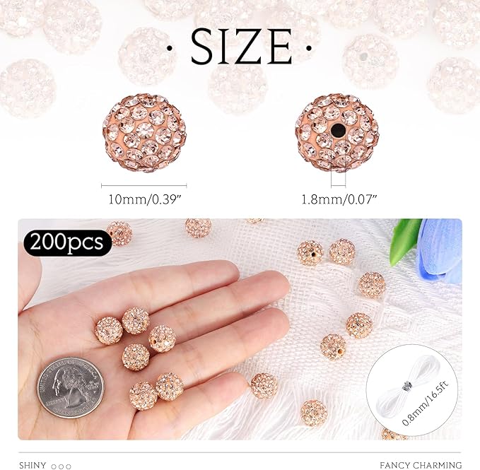 200 Pcs Light Peach Rhinestone Beads for Jewelry Making, Sparkle Crystal Clay Christmas for Bracelet Baseball Necklace Earring Crafting and DIY, Shiny Round Shamballa Disco Ball Beads Bulk