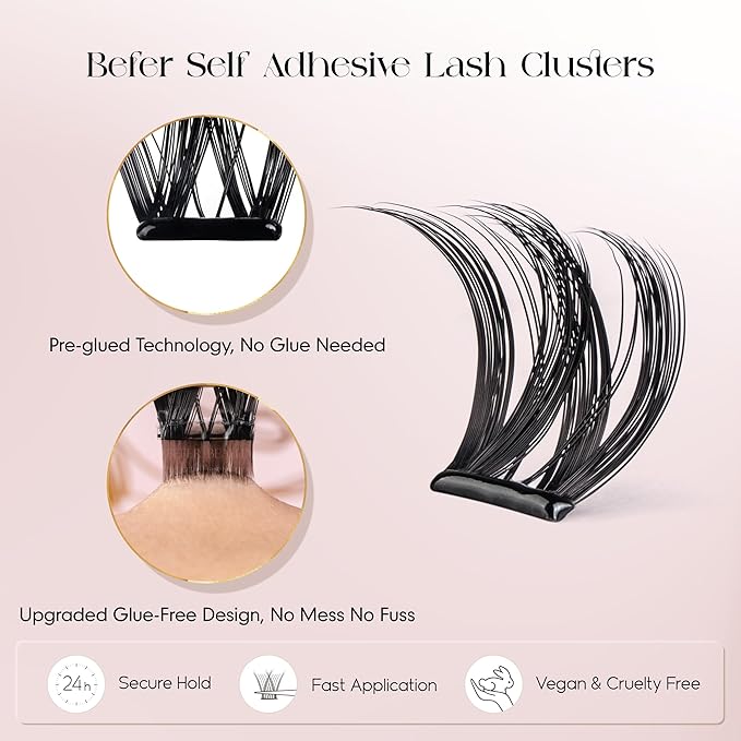 BEFER Self Adhesive Eyelashes Clusters, D Curl 10-16MM Pre Glued Lash Natural Look No Glue No Remover Needed Reusable Lashes Press on Eyelash Clusters Easy for Use DIY at Home(TYB102,Velvet)