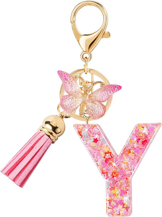Initial letter Keychains for Women Girls Tassel Butterfly Cute Keychain for Wallet Backpack charm