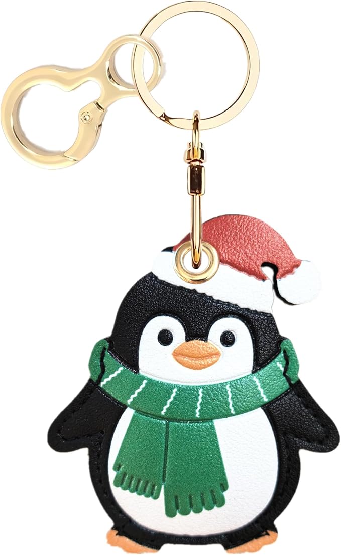 Leather Keychain Holder Case Compatible with AirTag,Cute Protective Cover with Keyring,Anti-Scratch Finder GPS Tracker Case for Wallet Keys,Bag,Pets(Penguin Green)