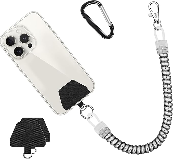 Doormoon Phone Lanyard Tether with Patch, Stretchy iPhone Lanyard Anti Theft Phone Strap for Anti-drop Outdoor Skiing Hiking Climbing Cycling Compatible for iPhone Most Smartphones, 1 Pack Silver