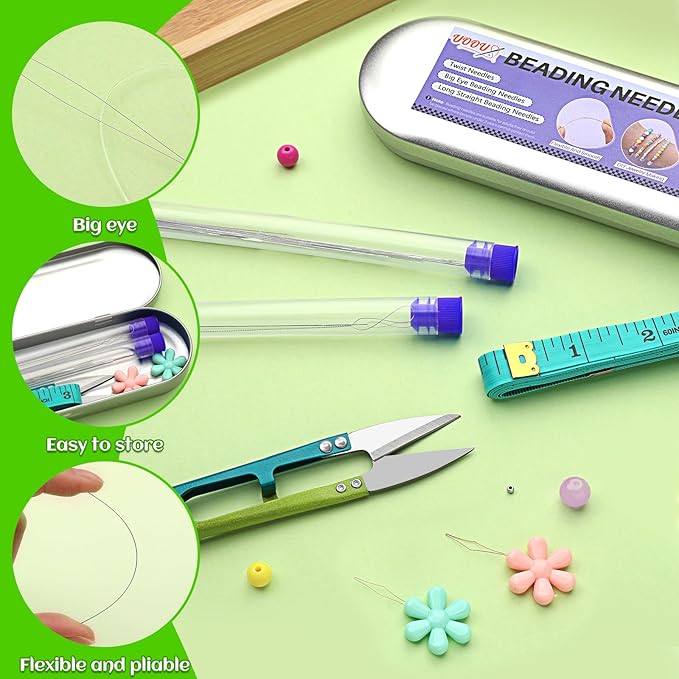 UOOU 32 Pcs Beading Needles Set, 8 Sizes Big Eye Seed Bead Needles,Twist Beading Needles, Jewelry Making Supplies Beading Needle for Jewelry Making
