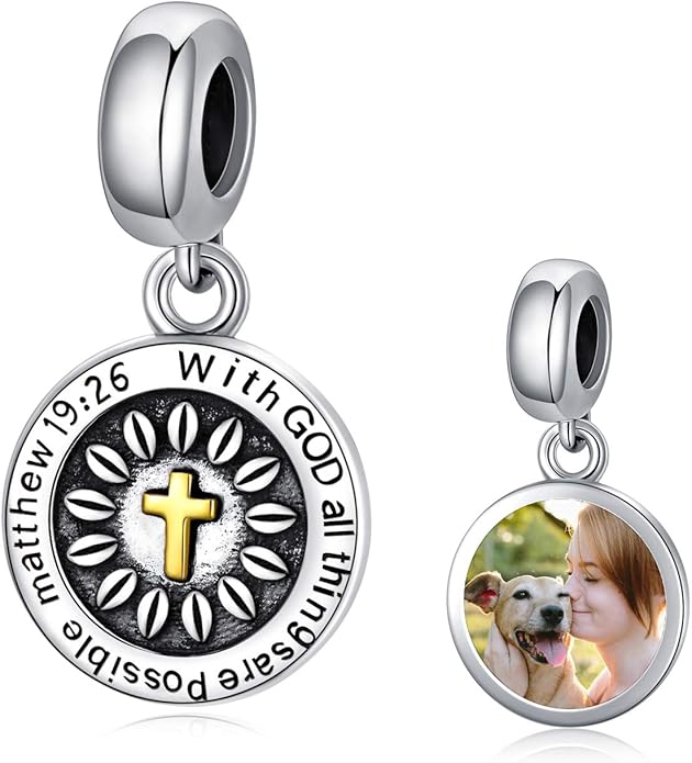 LONAGO 925 Sterling Silver Personalized Photo Charm Fit Compatible for Bracelet Necklace Customized Heart Round Shape Picture Bead