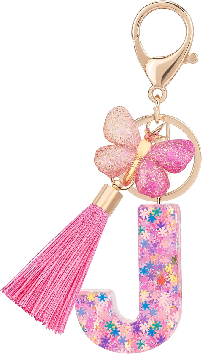 Suweibuke Cute Pink Key Chains for Women Girls, Initial Letter Keychains with Tassel, Charms for Key Purse Handbags Backpacks