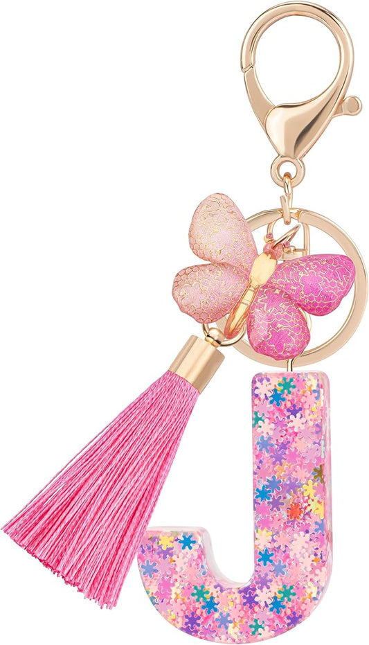 Suweibuke Cute Pink Key Chains for Women Girls, Initial Letter Keychains with Tassel, Charms for Key Purse Handbags Backpacks