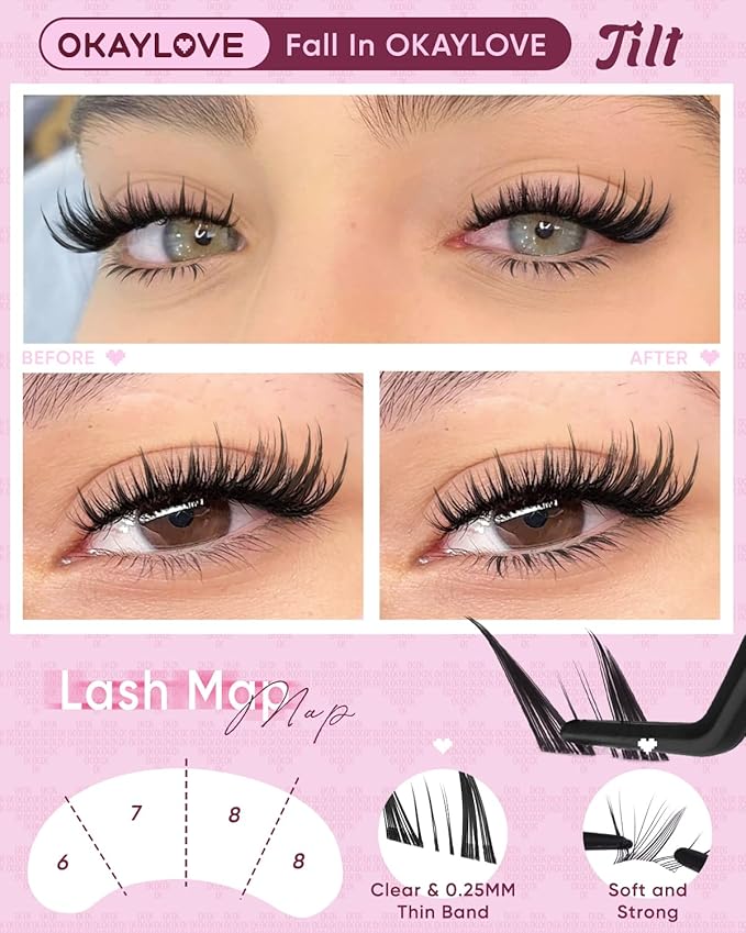 OKAYLOVE Bottom Lash Clusters DIY Eyelash Extensions, Tilt 6-8mm Lower Lashes Wispy Bottoms Individual Lashes, 96pcs CC Curl Natural Invisible Band Eyelash Clusters for Bottom Eyelashes Extension