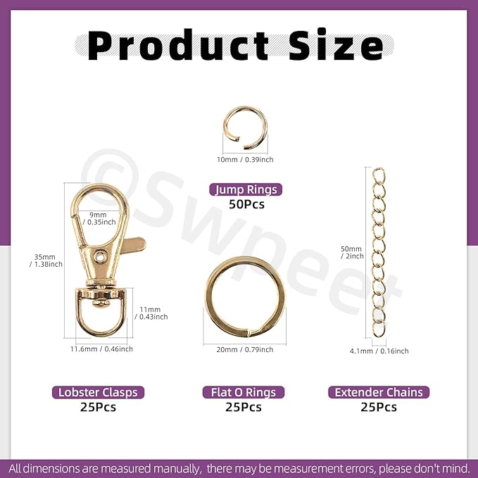 Swpeet 125Pcs Golden Keychain Making Set, 25Pcs Swivel Lanyard Snap Hook, 25P Keychain Ring, 25P Extender Chains, 50P Open Jump Rings, Swivel Lobster Clasps, Keychains Clips