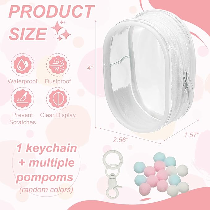 uxcell 4 Inch Clear Figure Display Bag, Mini Clear Pouch Waterproof Coin Pouch with Keychain and Pom Poms for Blind Box Doll Display (Round, White)