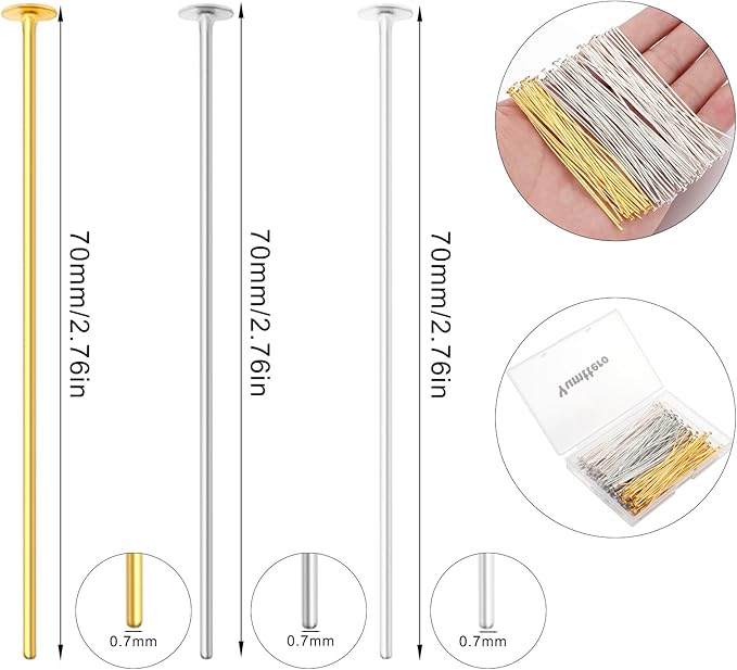210 Pcs 70mm/2.76 Inch 21 Gauge Head Pins for Jewelry Making Eye Pins Ball Pins, Yumttero Straight Head Pins for Craft Earring Bracelet Necklace Pendant Jewelry Making (Head Pins,Mixed Color)