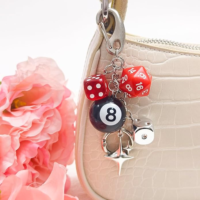 Y2K Keychain for Women, 8 Ball Dice Charm with Carabiner Clip - Cute Goth Core Keychain Bag Charm for Keys Bags Jeans
