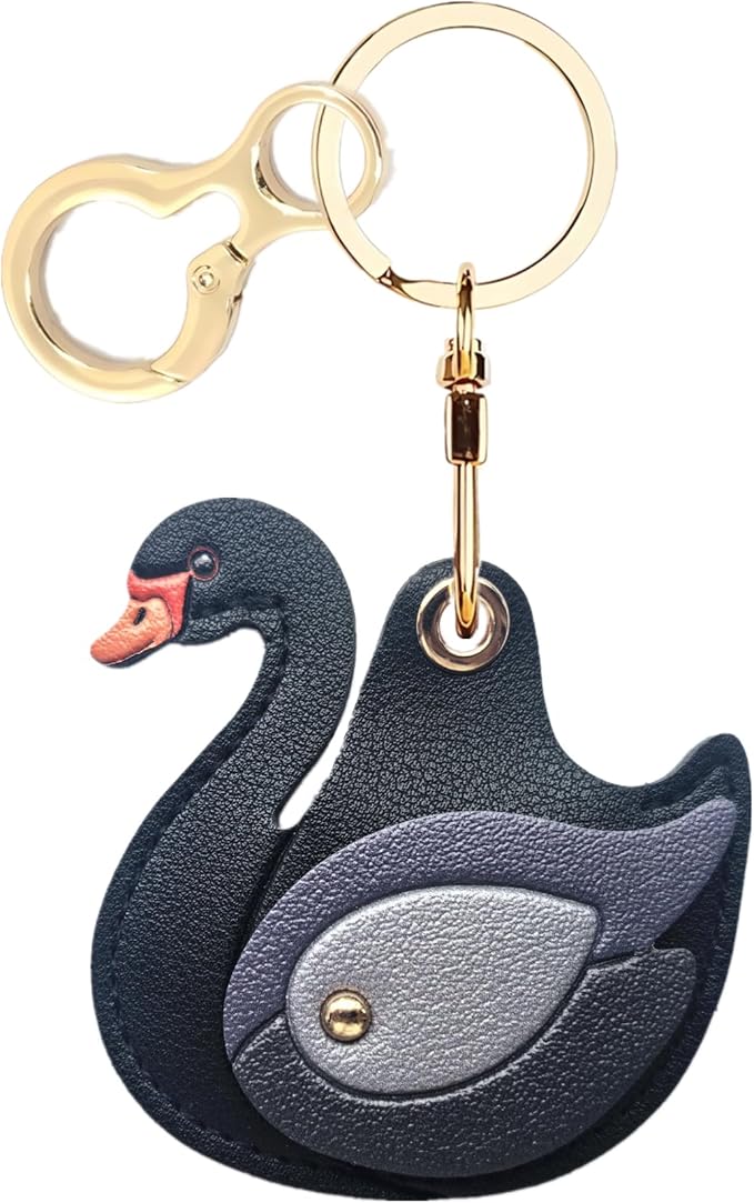 Leather Keychain Holder Case Compatible with AirTag,Cute Protective Cover with Keyring,Anti-Scratch Finder GPS Tracker Case for Wallet Keys,Bag,Pets(Swan Black)