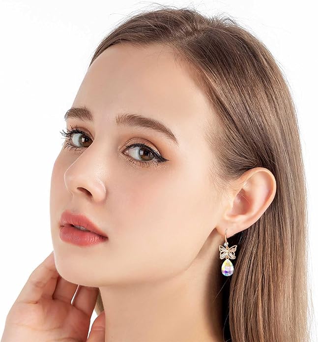 Austrian Crystal Teardrop Butterfly Drop Dangle Earrings for Women 14K Rose Gold Plated Hypoallergenic Jewelry