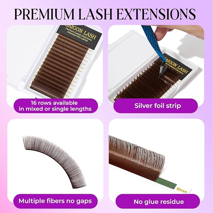 SAIGON LASH Eyelash Extensions, Mink Lash, Volume & Classic Lashes for Professionals, J/B/C/CC/D/L/M Curl, 4-15mm Length, Soft Korean PBT Fiber, 16 Rows Lash Tray (Dark brown-C-0.07-8-15mm)