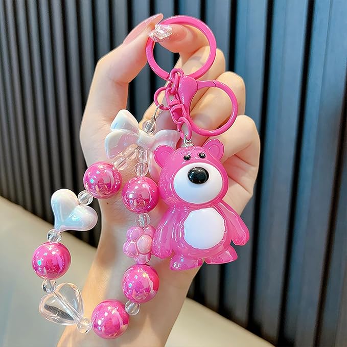 Bear Keychain For Women, Acrylic Bow Heart Flower Beaded Wristlet Gradient Color Colorful Gift Accessories
