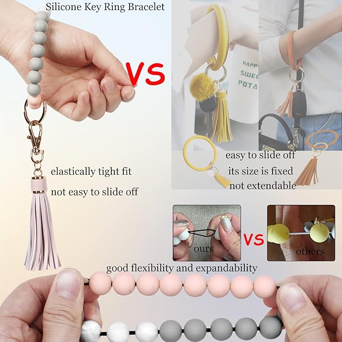 BIHRTC Key Ring Bracelet Car Keychain Holder Wristlet Silicone Women Beaded Bangle Chains