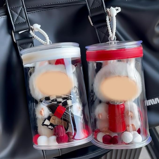 Clear Display & Storage Case for 17&15cm Plush Doll PVC Bag with Detachable Keychain for Collectible Toys and Cosmetics, Portable cases for Travel or Home Decor (red)