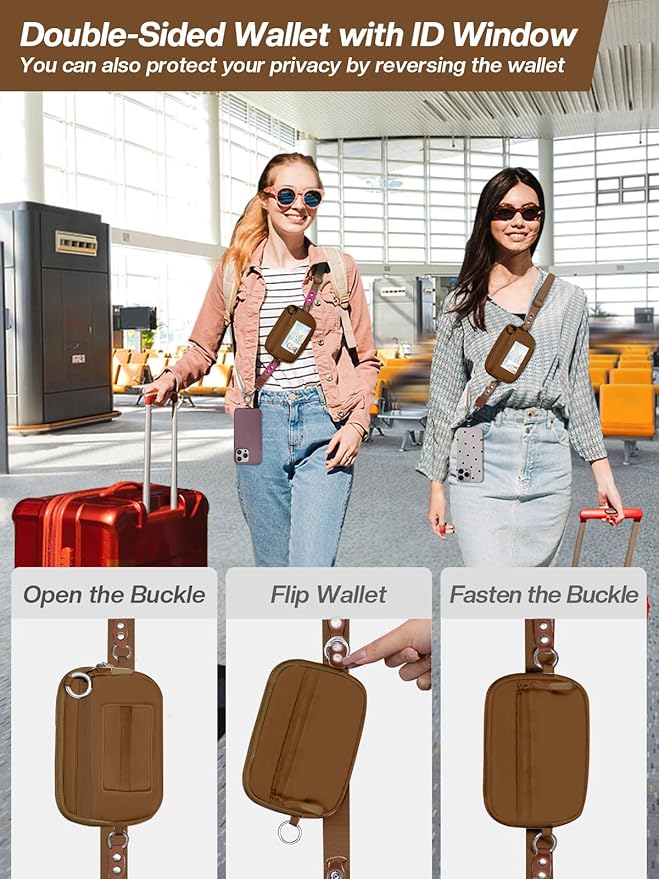 Clip and Go Strap for Phone with Wallet Crossbody Phone Lanyard Adjustable and Detachable RFID Wristlet Wallet with ID Window and Zipper, Brown Large
