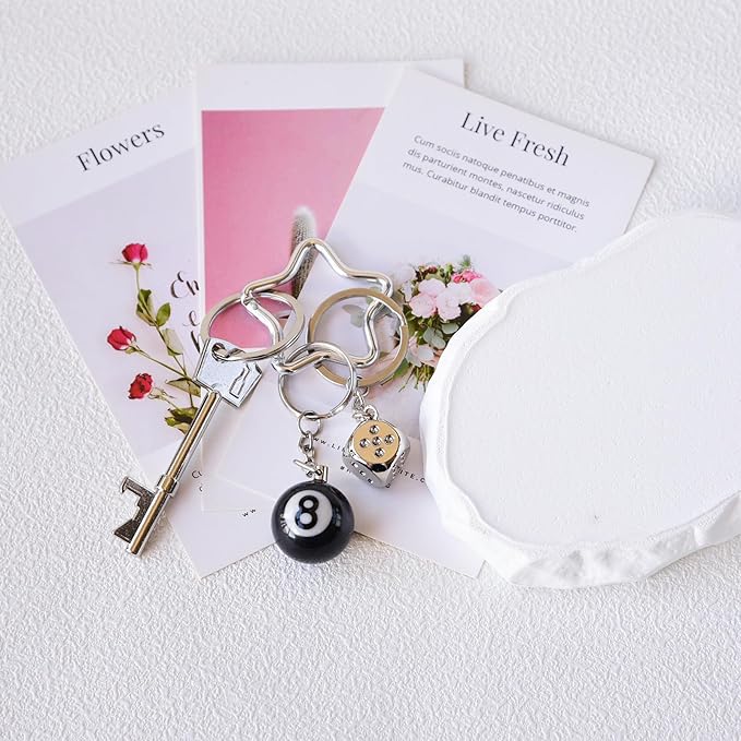 8 Ball Keychain Silver Star Key Chain Bottle Opener Dice Cute Bag Charm Decor for Handbag Backpack Gift for Him Her