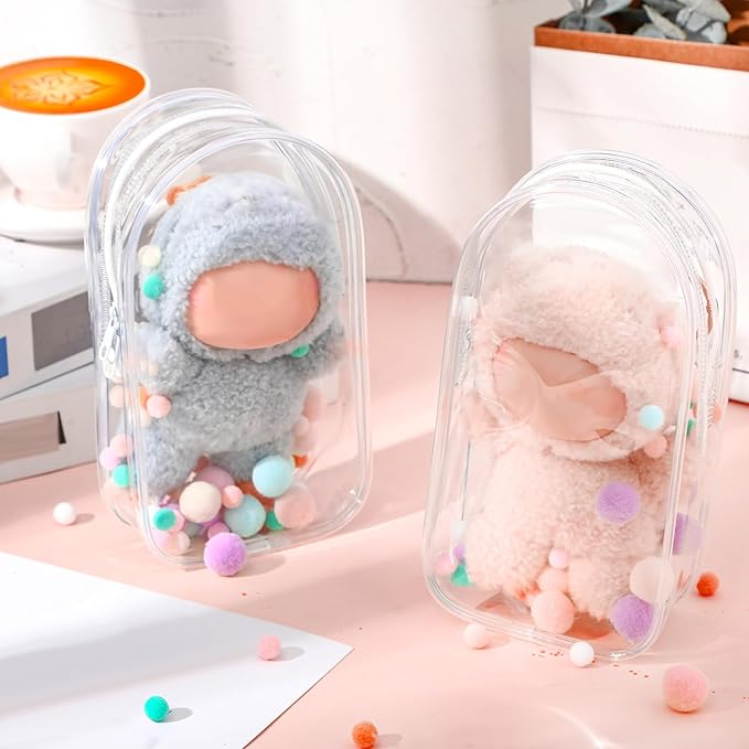 8 Pcs Clear Figure Display Bag, Portable Figures Storage Bag with Keychain, Pouch Blind Box Single Zipper Closure Collectibles Case Keychain for Mini Plushies, Dolls (Clear)