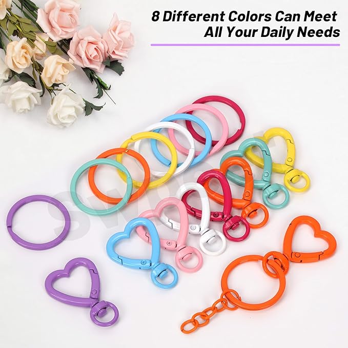 Swpeet Key Ring Carabiner 68Pcs 8Colors Heart-Shaped Swivel Lobster Claw Clasps with Key Rings, Open Jump Rings and Key Chains Assortment Kit, Metal Swivel Spring Clasps for DIY Craft Making