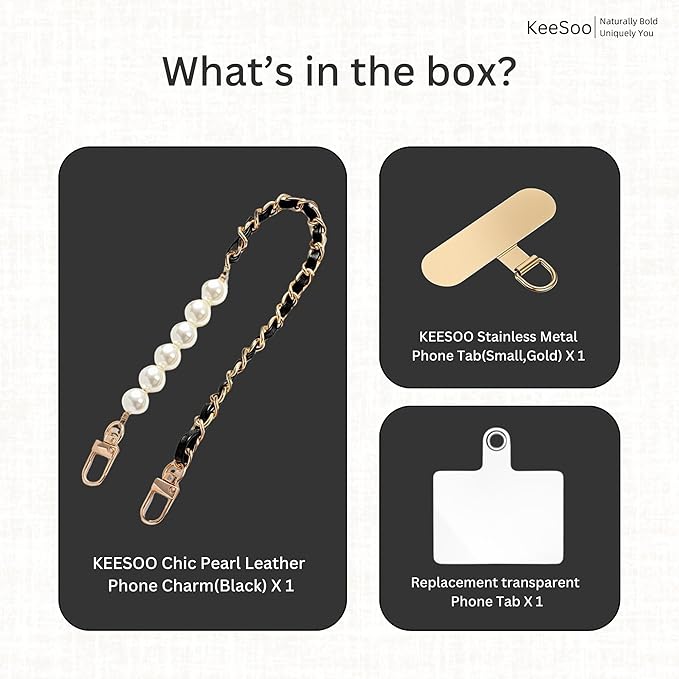 Original Korean Chic Pearl Gold Leather Phone Charm, Versatile with Premium Gold Metal Phone Tab (Classic Black)